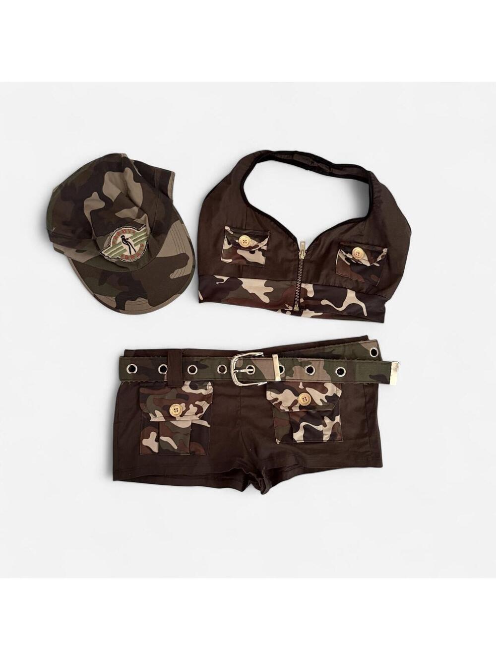 Roma Y2K Camo Army Soldier Halter Crop Top Shorts Sexy Halloween Costume Set